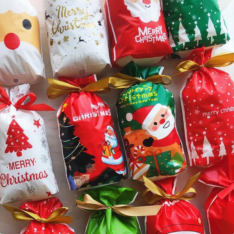 10pcs Christmas Candy Bags Gift Treat Drawstring Pouches Biscuit Cookie Packaging - 10Pcs Bag-Merry Christmas