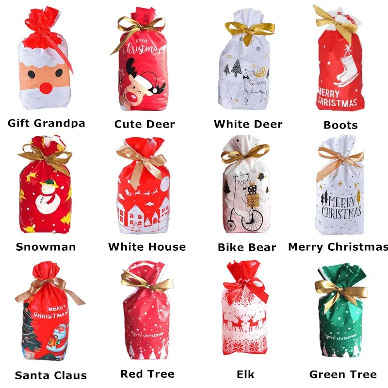 10pcs Christmas Candy Bags Gift Treat Drawstring Pouches Biscuit Cookie Packaging - 10Pcs Bag-Merry Christmas