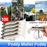10Pcs Soft Plastic Lures Poddy Mullet Flathead Jig Head Barra Cod Fishing Tackle