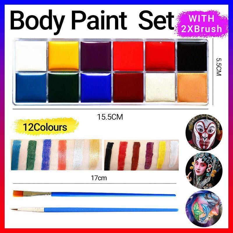 Face Body Paint Set 12 Colours with Brushes - Water Based Makeup for Party Festival Art