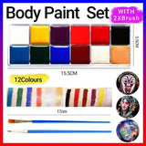 Face Body Paint Set 12 Colours with Brushes - Water Based Makeup for Party Festival Art
