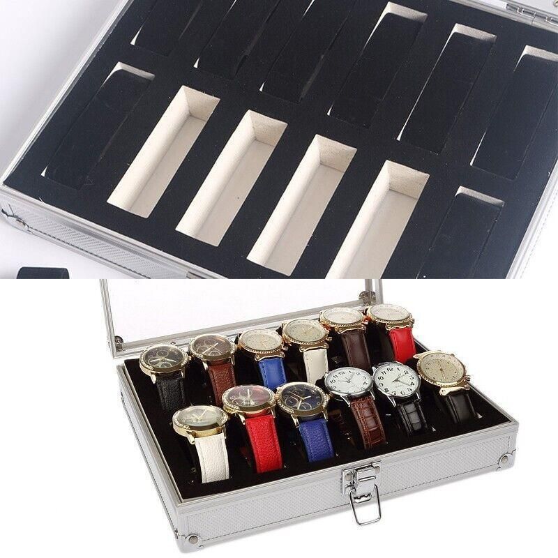 12 Grids Carbon Fiber Aluminum Watch Box Storage Case Holder Display