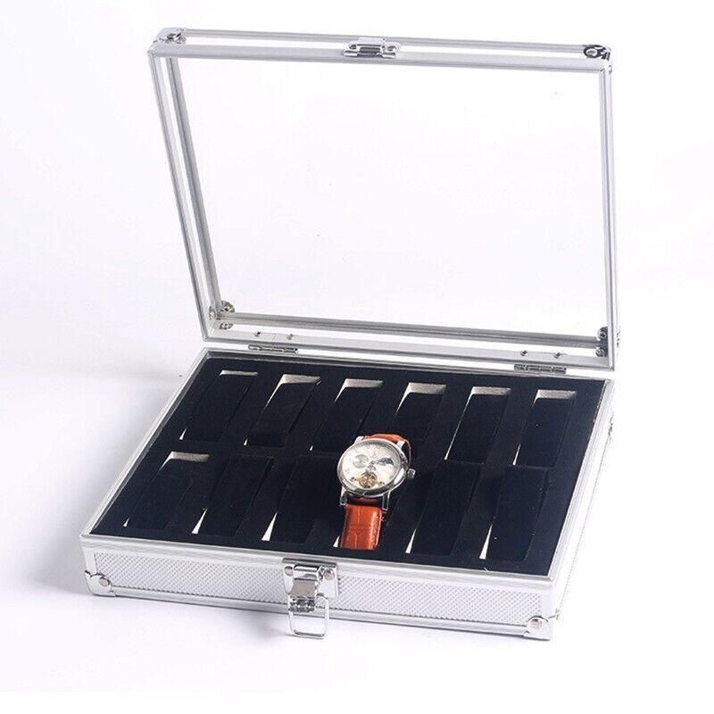 12 Grids Carbon Fiber Aluminum Watch Box Storage Case Holder Display