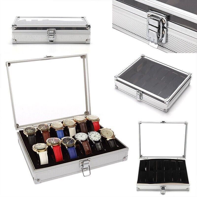 12 Grids Carbon Fiber Aluminum Watch Box Storage Case Holder Display