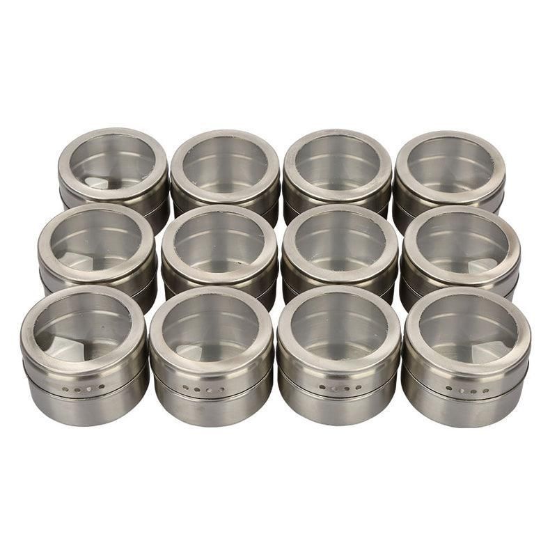 12PCS Magnetic Stainless Steel Spice Containers with Clear Lids for Kitchen Storage