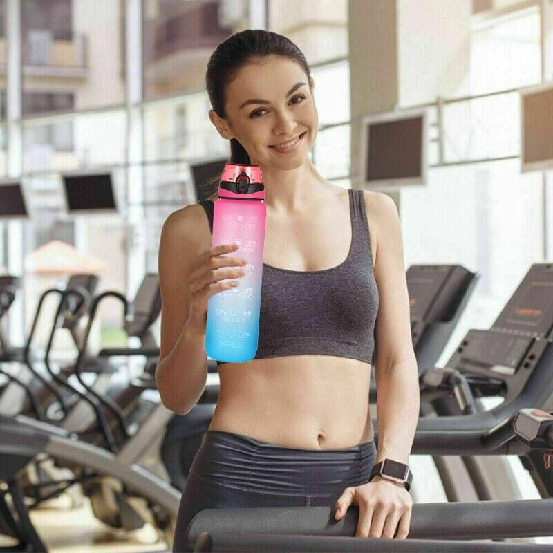 1L Water Bottle Motivational Drink Flask With Time Markings Bpa Free Sport Gym - Pink+Purple