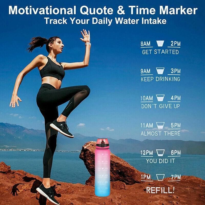 1L Water Bottle Motivational Drink Flask With Time Markings Bpa Free Sport Gym - Pink+Purple