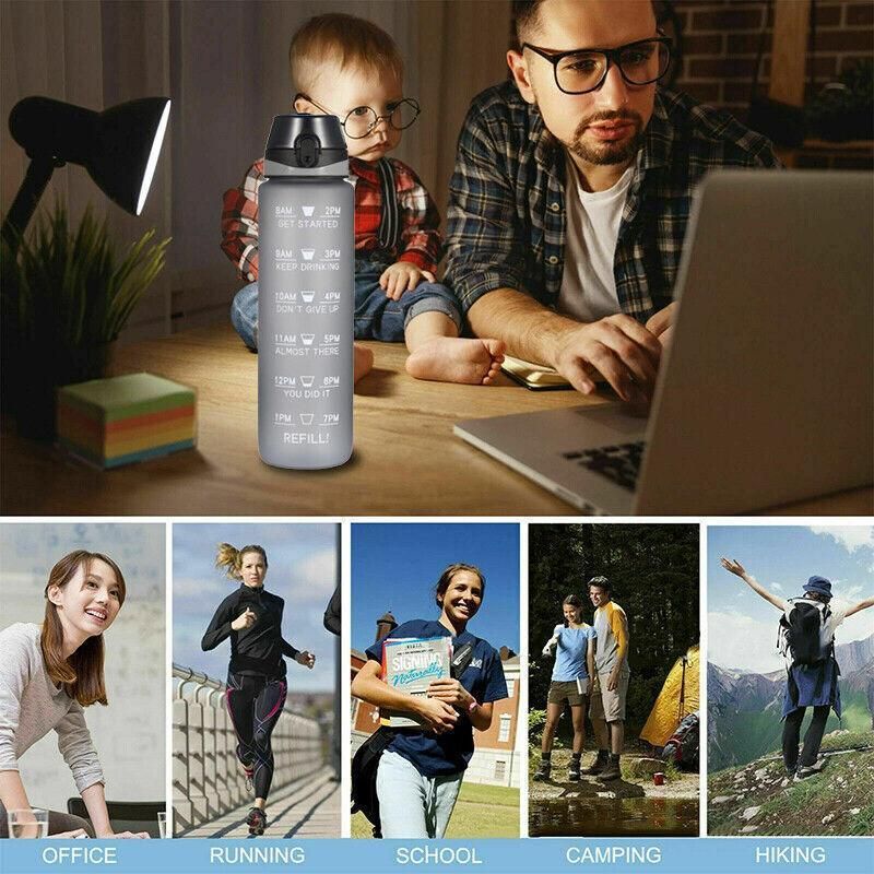1L Water Bottle Motivational Drink Flask With Time Markings Bpa Free Sport Gym - Pink+Purple