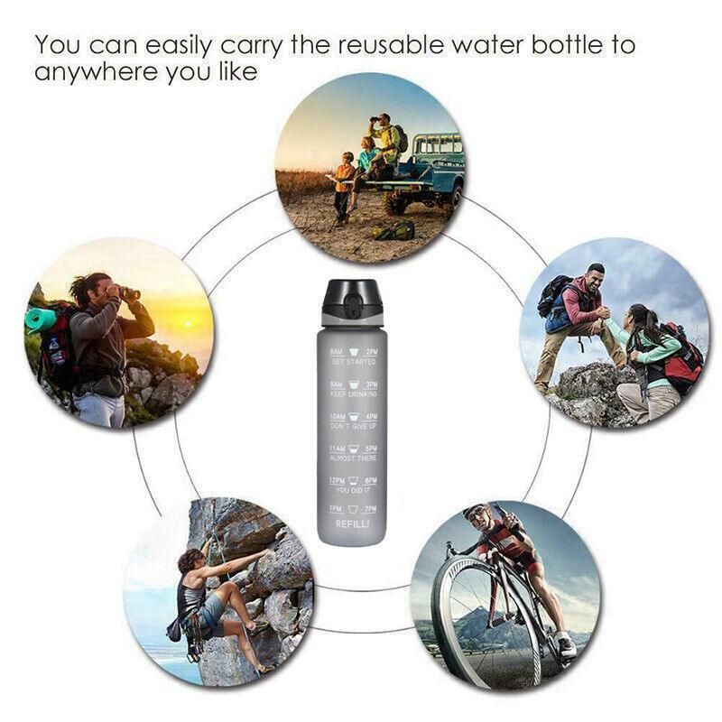 1L Water Bottle Motivational Drink Flask With Time Markings Bpa Free Sport Gym - Pink+Purple