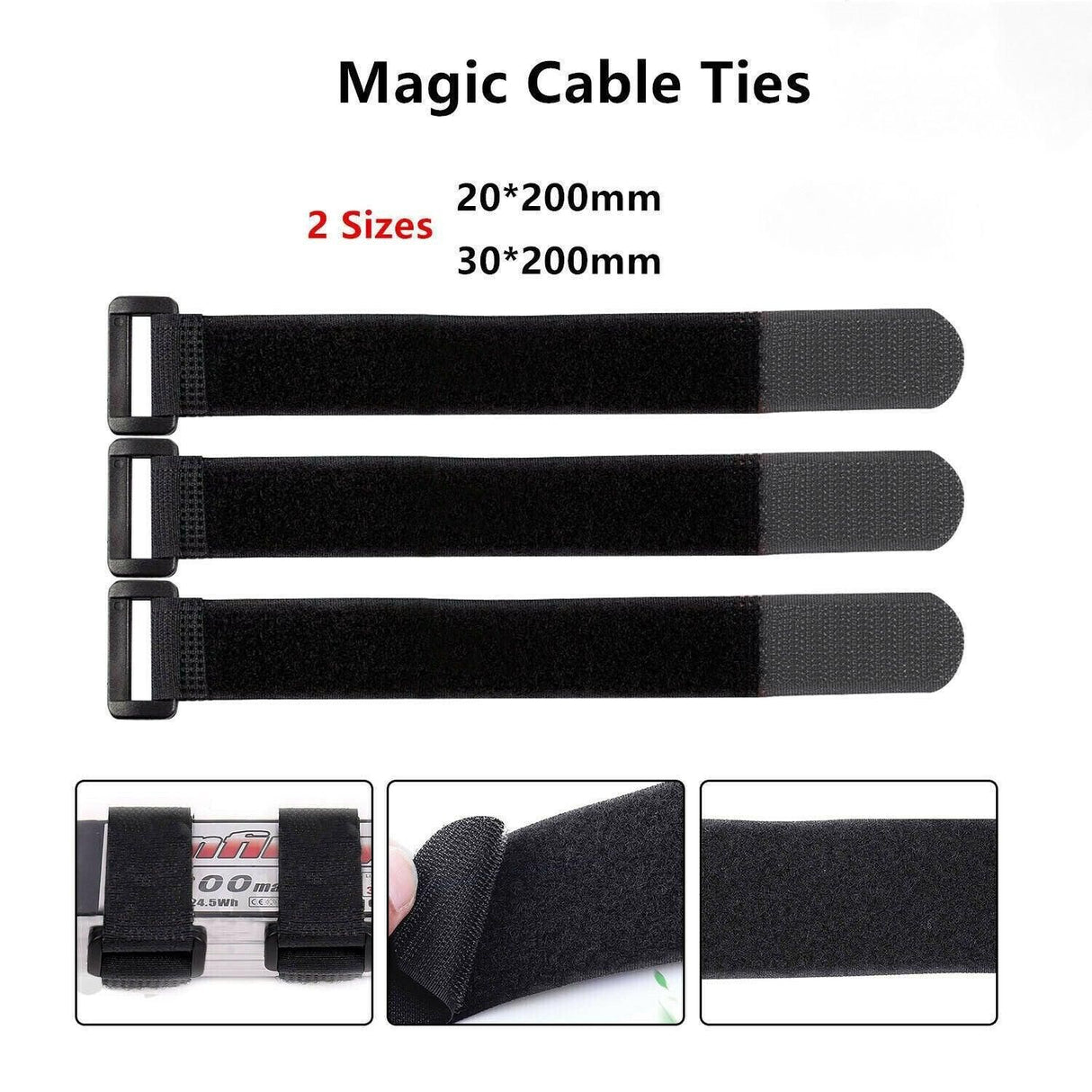 Magic Cable Ties Reusable Winder Coded Organiser Cords Hook Loop Black - 20*300mm  20PCS