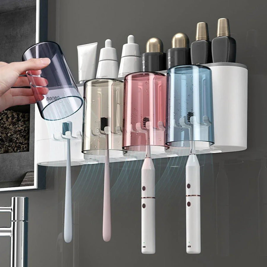Bathroom Wall Mounted Toothbrush Holder Toothpaste Stand Storage Rack With Cup - Two Cups Set