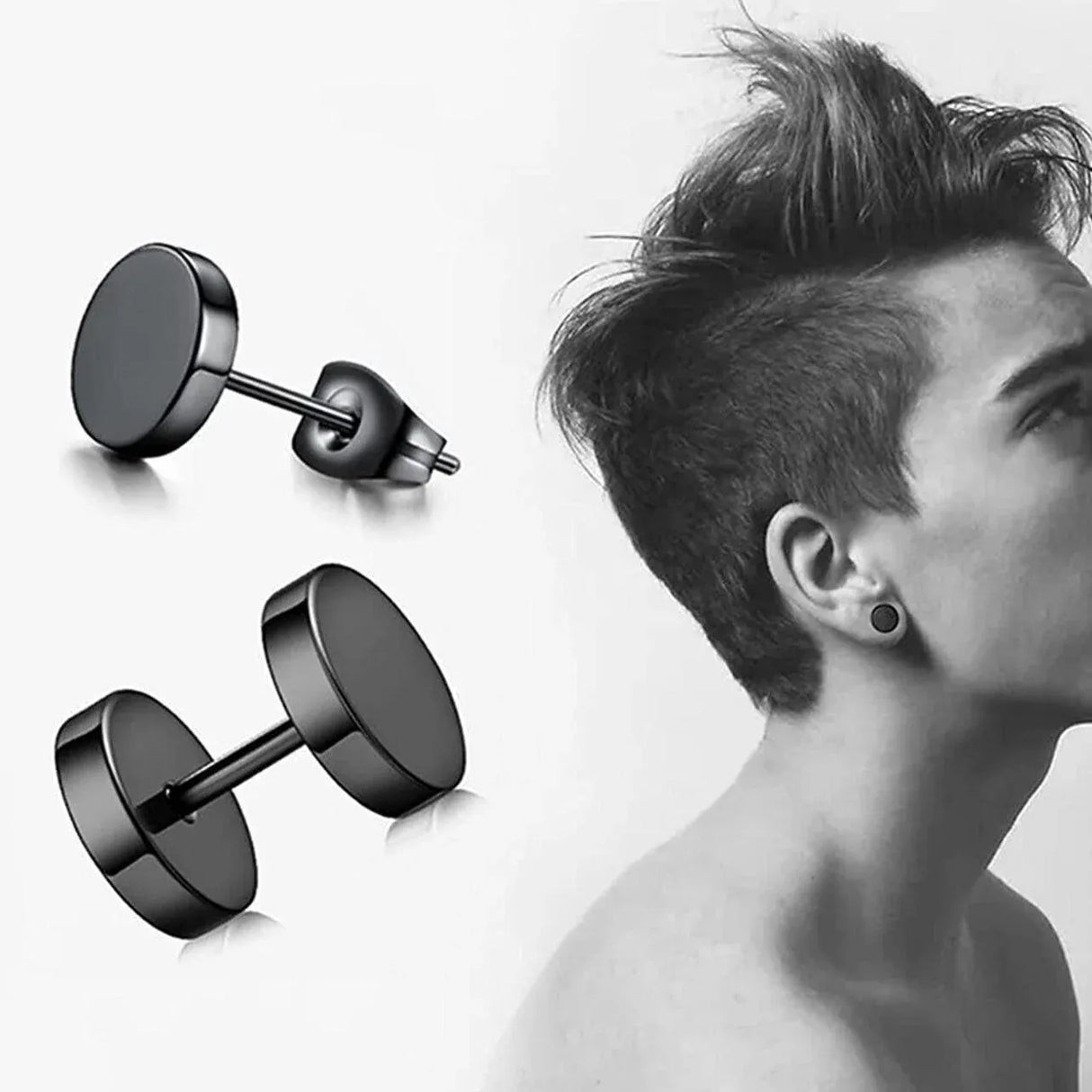 Pair Black Flat Round Barbell Plug Stud Earrings Stainless Steel Mens Gym 4-12Mm - 10mm