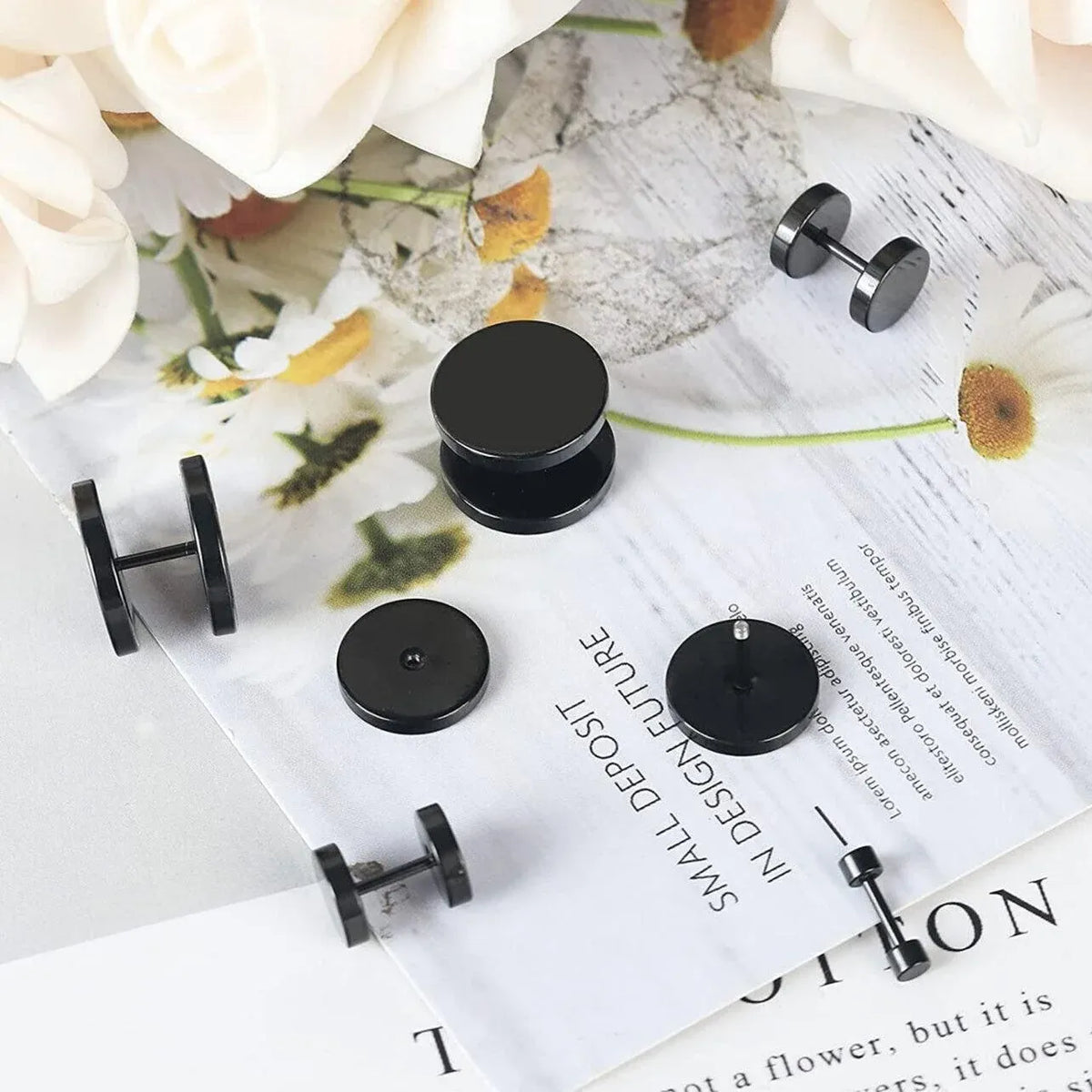 Pair Black Flat Round Barbell Plug Stud Earrings Stainless Steel Mens Gym 4-12Mm - 10mm