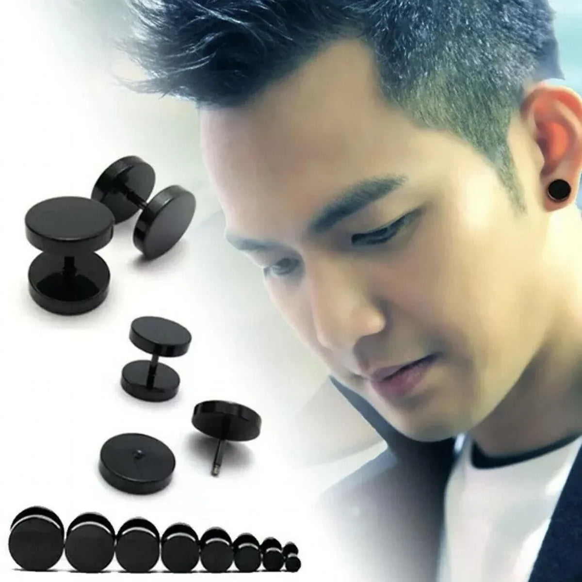 Pair Black Flat Round Barbell Plug Stud Earrings Stainless Steel Mens Gym 4-12Mm - 10mm