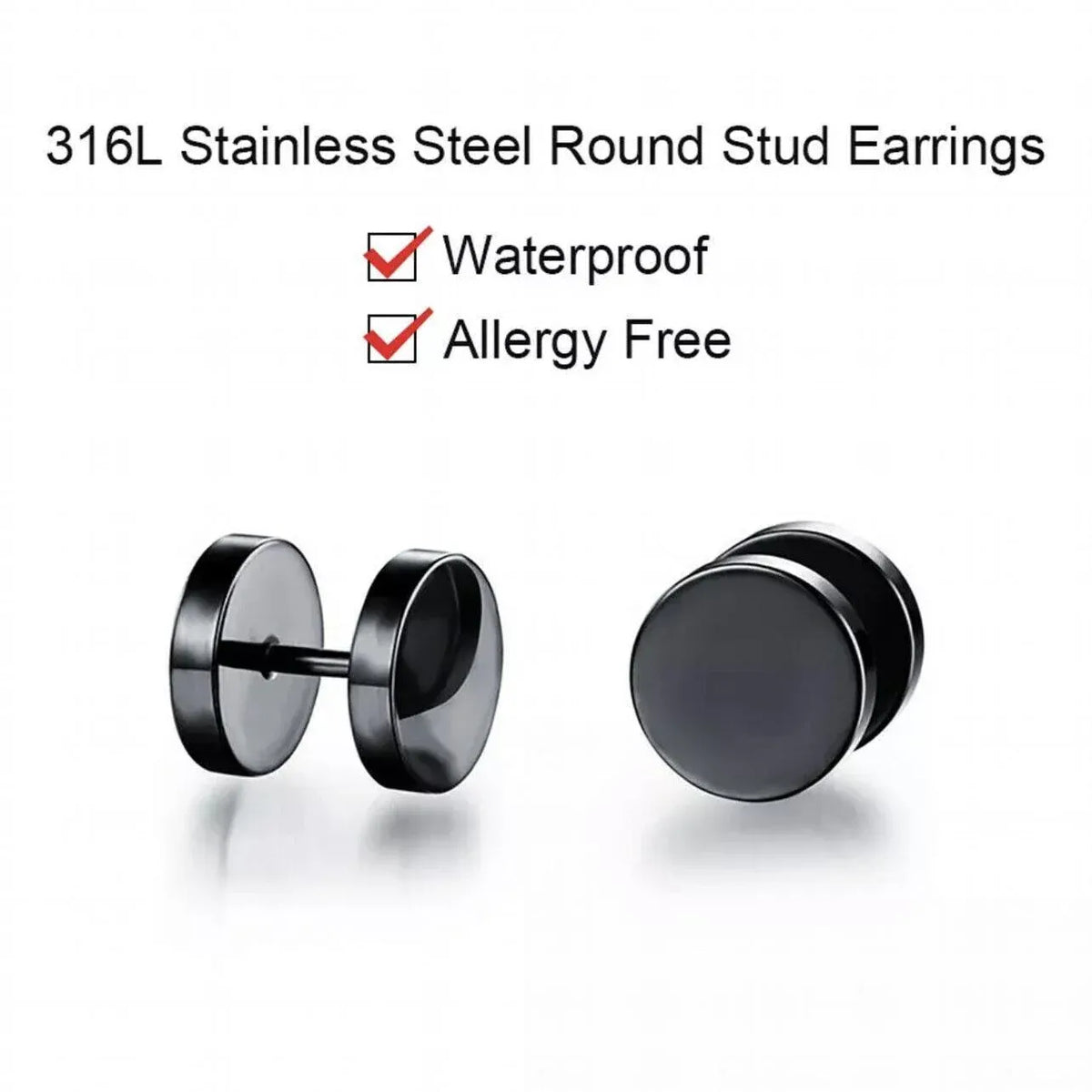 Pair Black Flat Round Barbell Plug Stud Earrings Stainless Steel Mens Gym 4-12Mm - 10mm