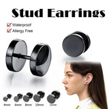 Pair Black Flat Round Barbell Plug Stud Earrings Stainless Steel Mens Gym 4-12Mm - 4mm - Front View
