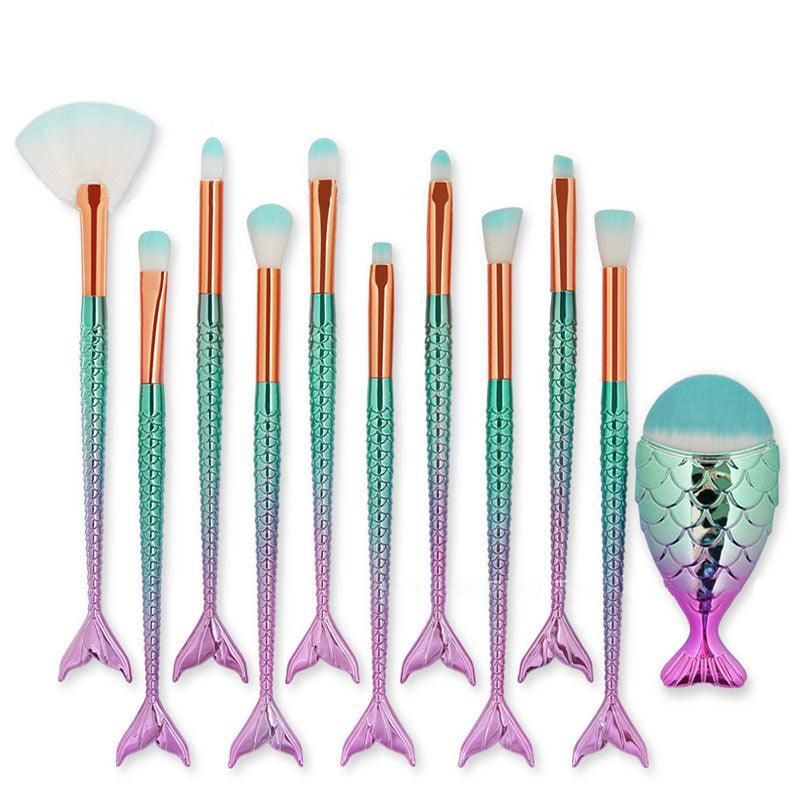 11 X Mermaid Makeup Brushes Set Fish Tail Foundation Eyeshadow Cosmetic Brush Au