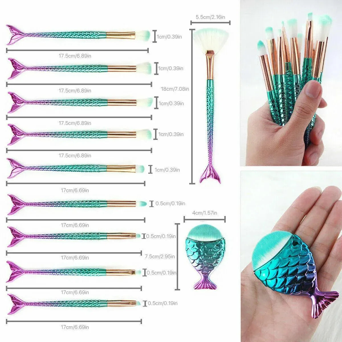 11 X Mermaid Makeup Brushes Set Fish Tail Foundation Eyeshadow Cosmetic Brush Au