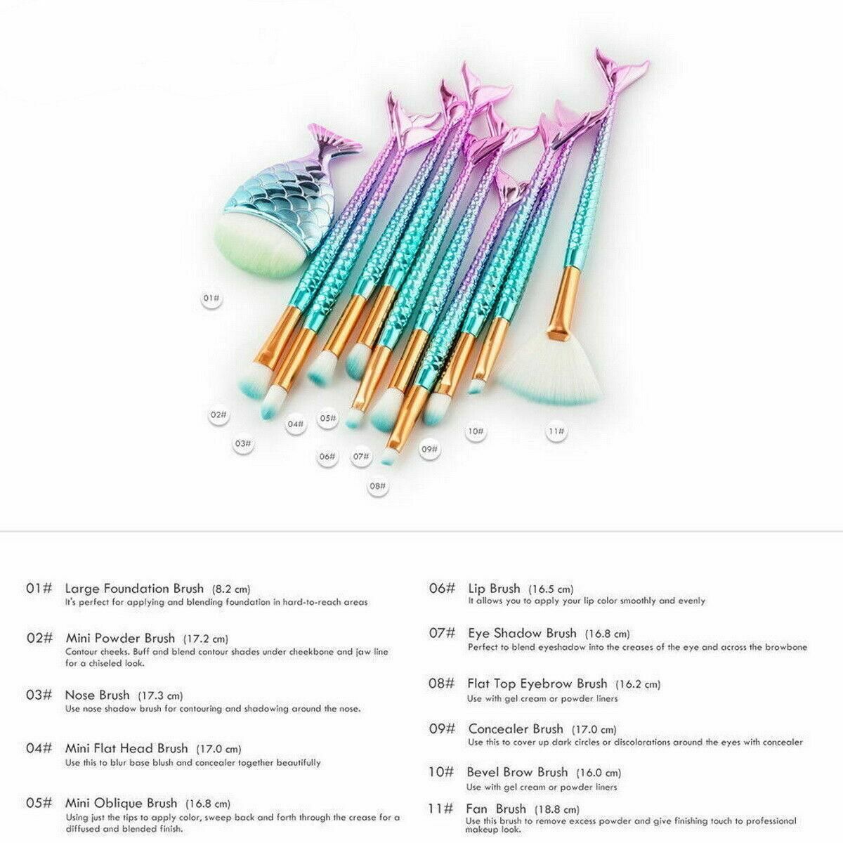 11 X Mermaid Makeup Brushes Set Fish Tail Foundation Eyeshadow Cosmetic Brush Au