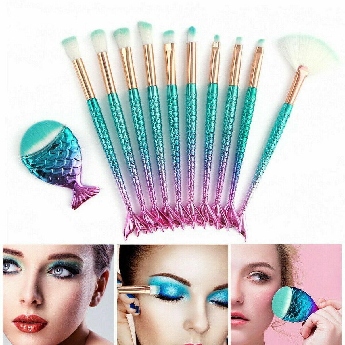 11 X Mermaid Makeup Brushes Set Fish Tail Foundation Eyeshadow Cosmetic Brush Au