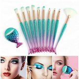 11 X Mermaid Makeup Brushes Set Fish Tail Foundation Eyeshadow Cosmetic Brush Au - Low Angle