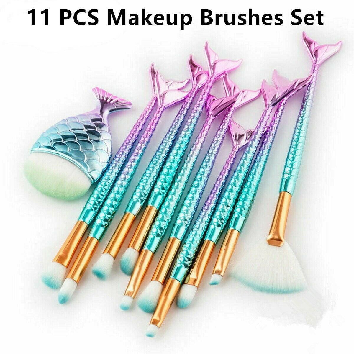 11 X Mermaid Makeup Brushes Set Fish Tail Foundation Eyeshadow Cosmetic Brush Au