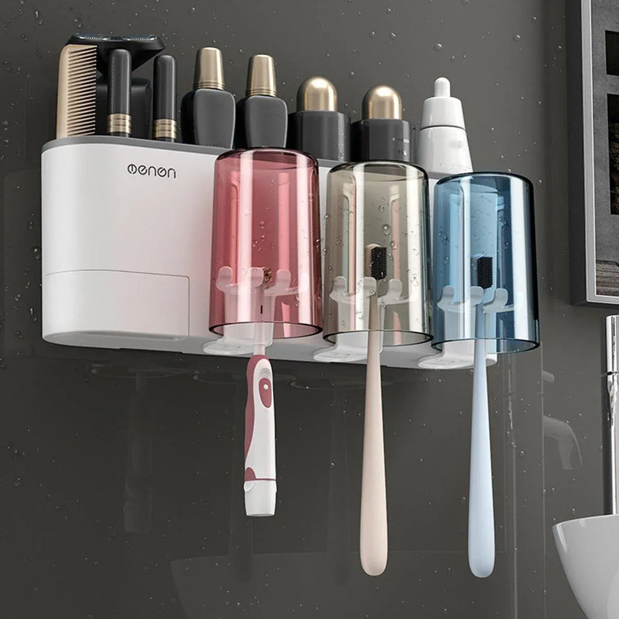 Bathroom Wall Mounted Toothbrush Holder Toothpaste Stand Storage Rack With Cup - Three Cups Set