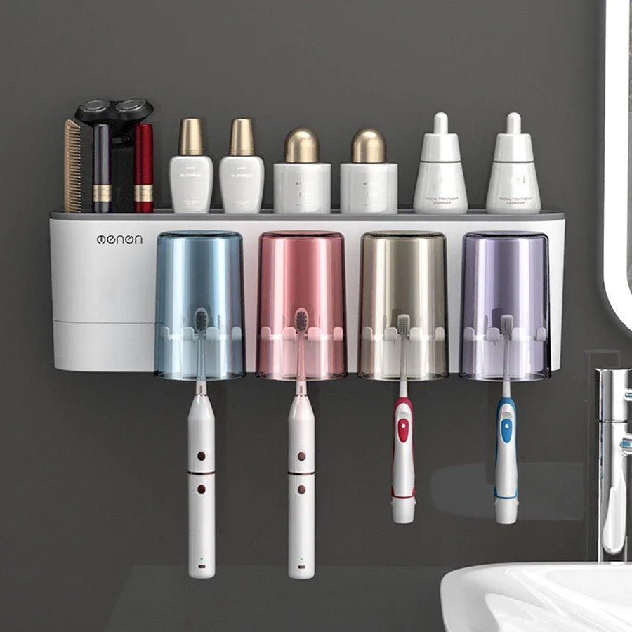 Bathroom Wall Mounted Toothbrush Holder Toothpaste Stand Storage Rack With Cup - Three Cups Set