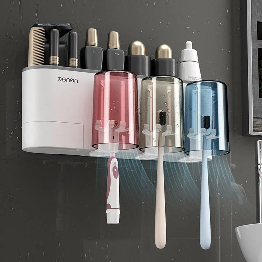Bathroom Wall Mounted Toothbrush Holder Toothpaste Stand Storage Rack With Cup - Three Cups Set