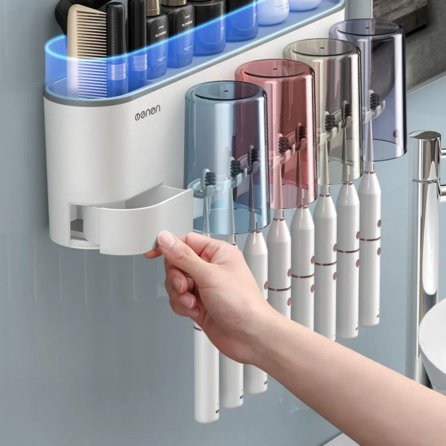 Bathroom Wall Mounted Toothbrush Holder Toothpaste Stand Storage Rack With Cup - Three Cups Set