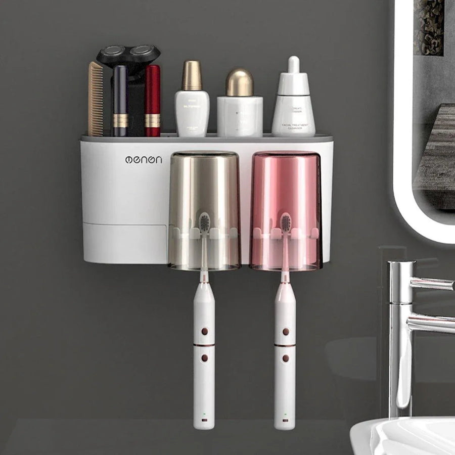 Bathroom Wall Mounted Toothbrush Holder Toothpaste Stand Storage Rack With Cup - Three Cups Set