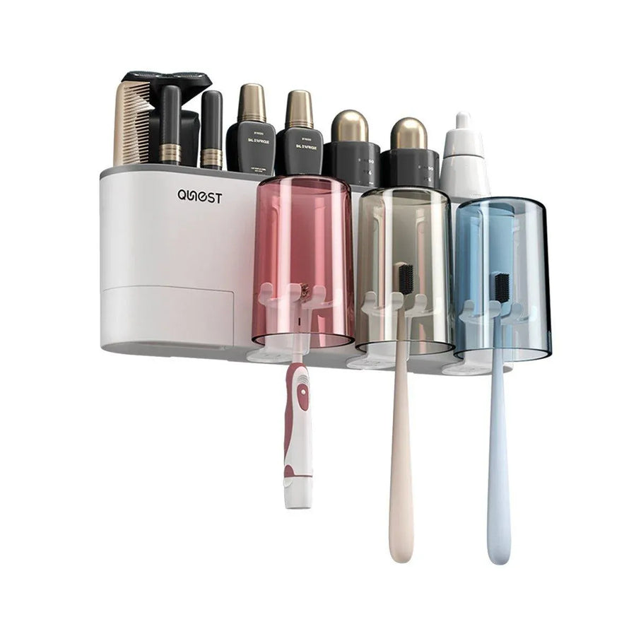 Bathroom Wall Mounted Toothbrush Holder Toothpaste Stand Storage Rack With Cup - Three Cups Set