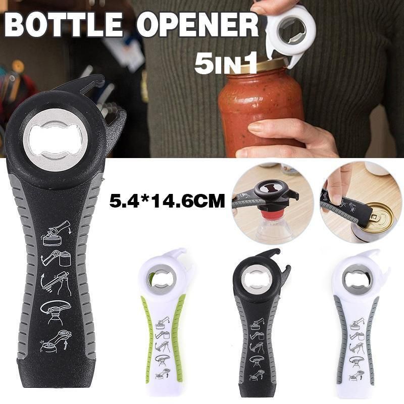 Multi 5 In 1 Manual Cap Kitchen Tool Jar Twist Off Lid Bottle Can Opener Gadget - Black