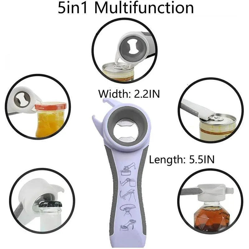 Multi 5 In 1 Manual Cap Kitchen Tool Jar Twist Off Lid Bottle Can Opener Gadget - Green