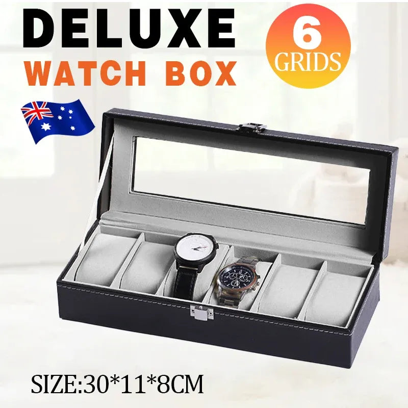 6 Grids Leather Watch Box Case Display Organizer Collection Storage Holder