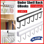 6Hook Mug Cup Rack Holder Under Shelf Kitchen Cabinet Hanger Organiser Wardrobe - Black