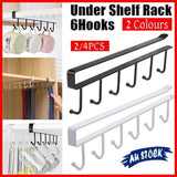 6Hook Mug Cup Rack Holder Under Shelf Kitchen Cabinet Hanger Organiser Wardrobe - Black