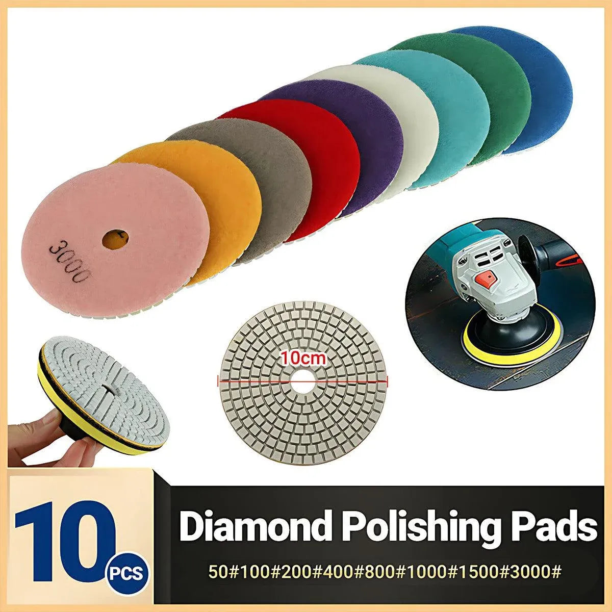 10PCS 100mm Diamond Polishing Pads Set for Granite Marble Concrete Tile