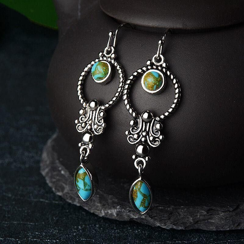 Retro Boho Turquoise Flower Earrings Hook Moonstone Dangle Drop Sapphire Women - 1236
