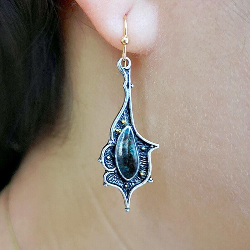 Retro Boho Turquoise Flower Earrings Hook Moonstone Dangle Drop Sapphire Women - 1240
