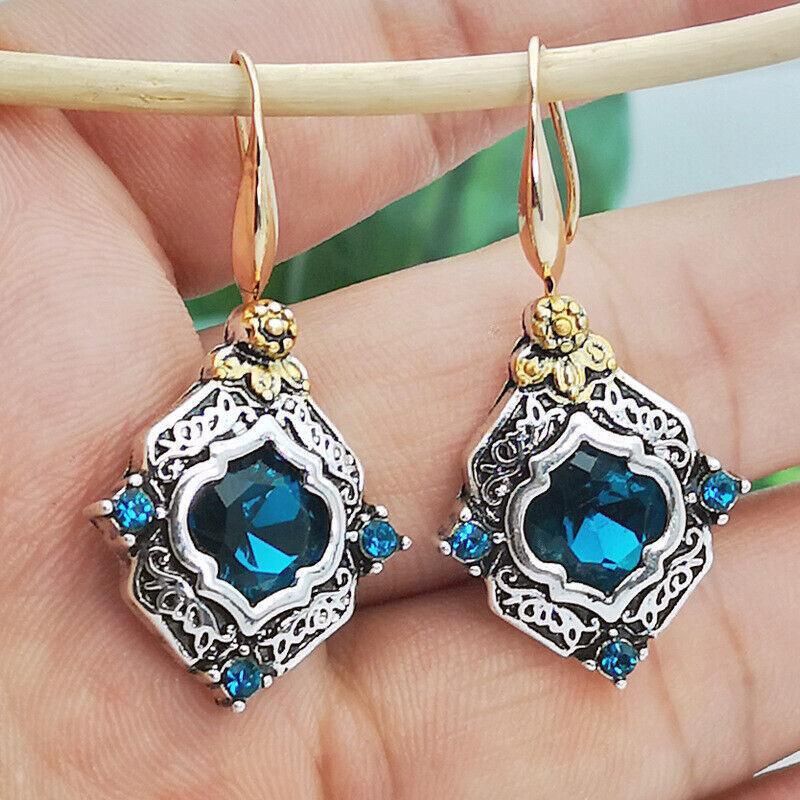 Retro Boho Turquoise Flower Earrings Hook Moonstone Dangle Drop Sapphire Women - 1240
