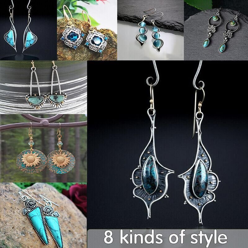 Retro Boho Turquoise Flower Earrings Hook Moonstone Dangle Drop Sapphire Women - 1248