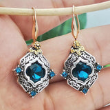 Retro Boho Turquoise Flower Earrings Hook Moonstone Dangle Drop Sapphire Women - 1248 - Low Angle
