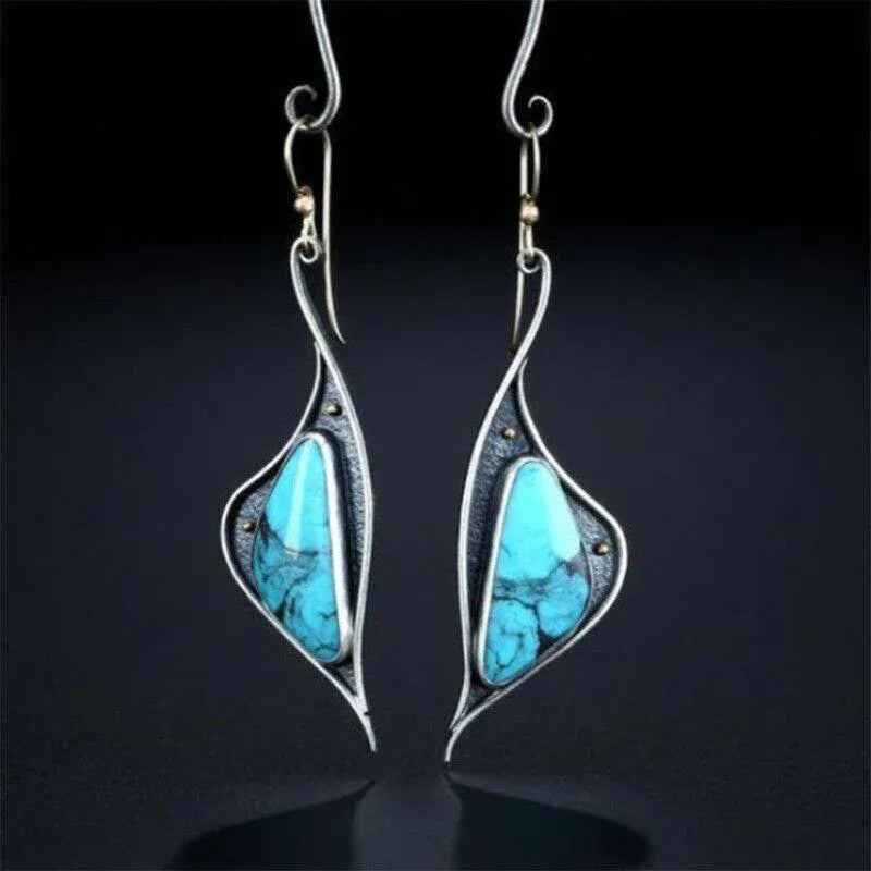 Retro Boho Turquoise Flower Earrings Hook Moonstone Dangle Drop Sapphire Women - 1241