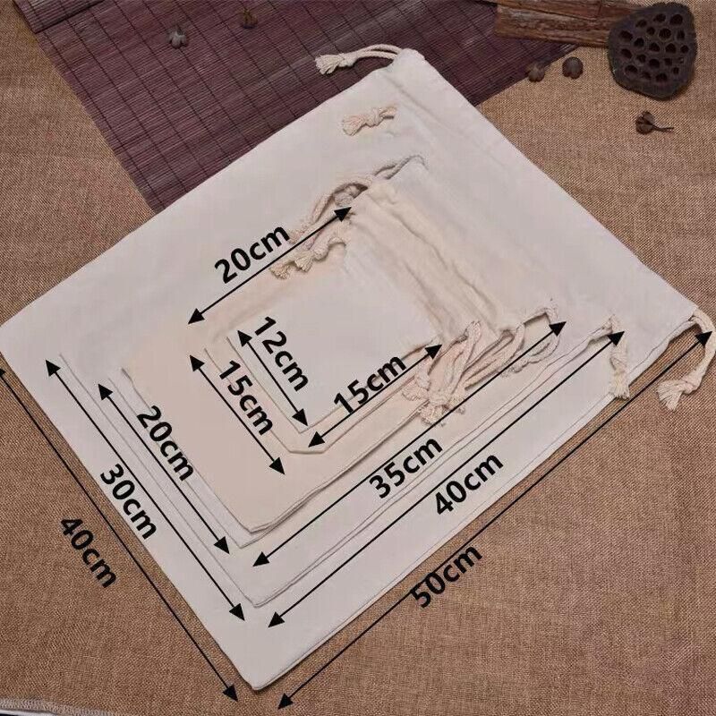 10X Canvas Cotton Drawstring Bags Linen Calico Tote Gift Storage Pouches - 8x10cm