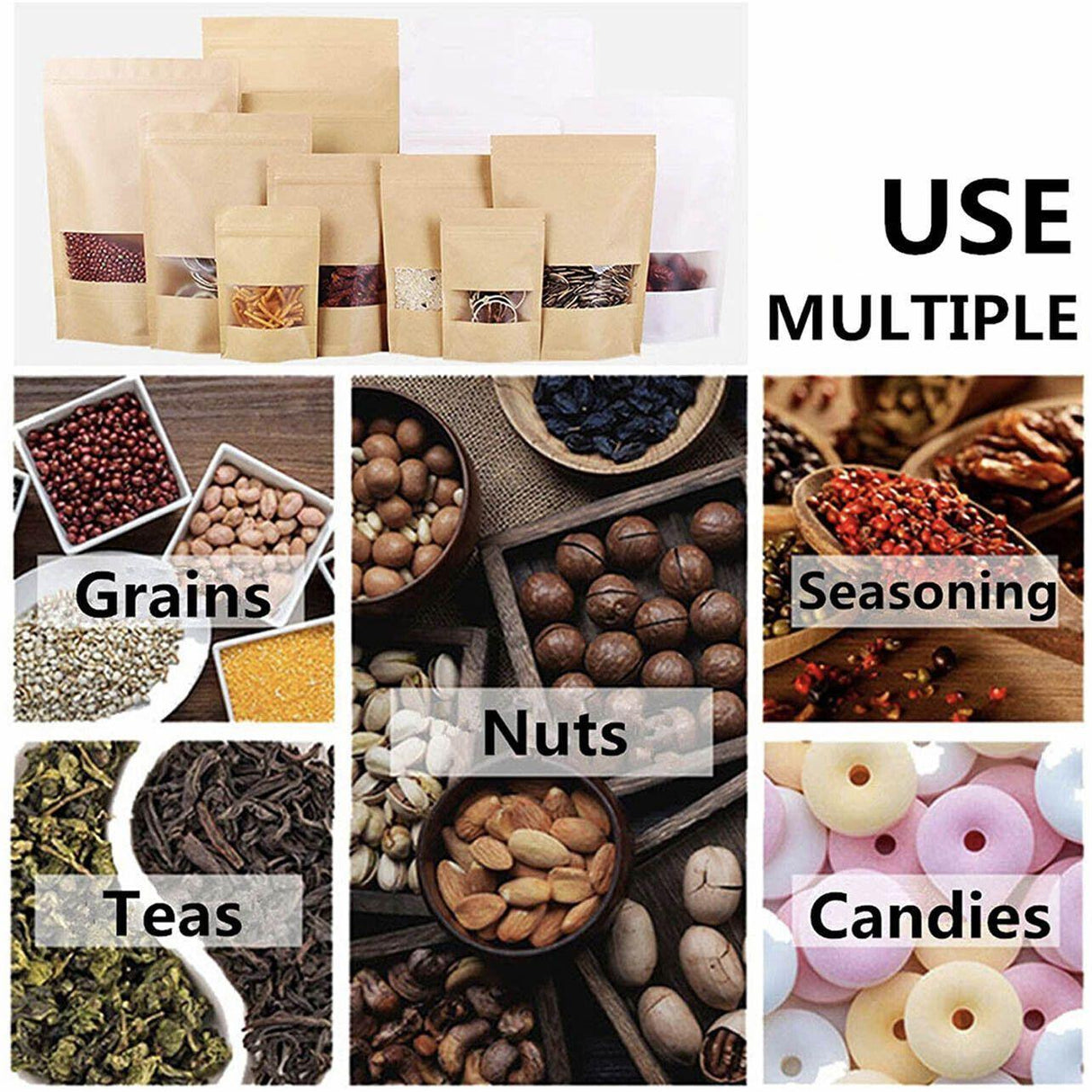 10x 12*20+4cm Stand Up Bag Kraft Paper Seal Packaging Window Zip Lock Pouch - 10 PCS