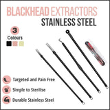 Stainless Steel Blackhead Remover Tools Set with Pimple Extractors 4 Pieces - Black - Front View