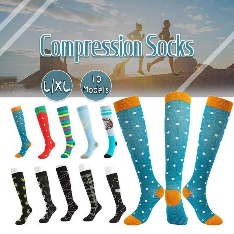 L/XL Size Compression Socks Unisex Adult Nursing Travel Stocking Sport - Blue Dot