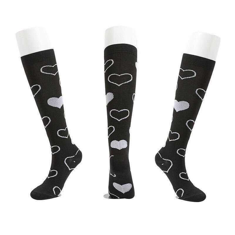 L/XL Size Compression Socks Unisex Adult Nursing Travel Stocking Sport - Black Heart