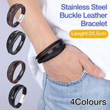 Men Stainless Steel Buckle Leather Bracelet Bangle Cuff Vintage Wristband Rope - Coffee&Silver - Front View